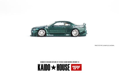 KHMG074 TSM MINI-GT 1:64 Nissan Skyline GT-R R34 KAIDO Works GReddy V1 RHD