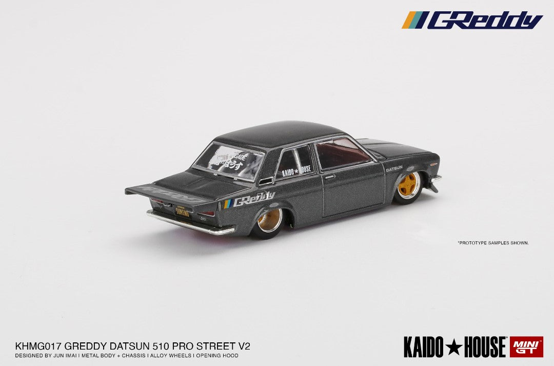 KHMG017 TSM MINI-GT 1:64 Nissan Datsun 510 Pro Street GREDDY Gun Metal Grey KAIDO HOUSE LHD