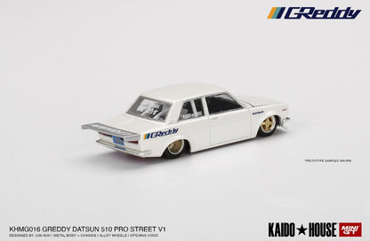 KHMG016 TSM MINI-GT 1:64 Nissan Datsun 510 Pro Street GREDDY pearl white KAIDO HOUSE LHD