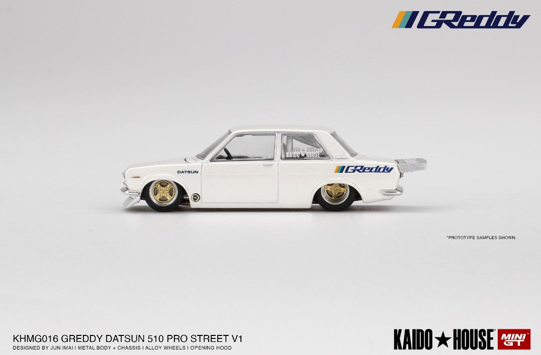 KHMG016 TSM MINI-GT 1:64 Nissan Datsun 510 Pro Street GREDDY pearl white KAIDO HOUSE LHD