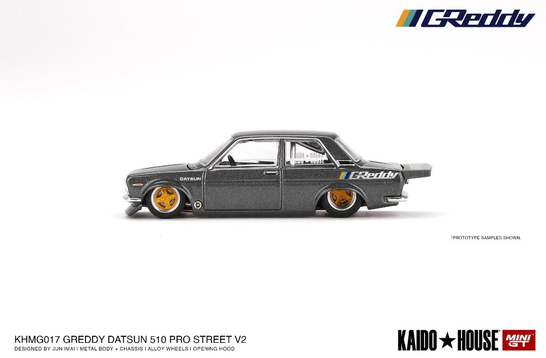 KHMG017 TSM MINI-GT 1:64 Nissan Datsun 510 Pro Street GREDDY Gun Metal Grey KAIDO HOUSE LHD