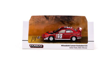 T64-021-01SAF TARMAC WORKS 1:64 Mitsubishi Lancer Evolution 6.5 Safari Rally 2001 Winner