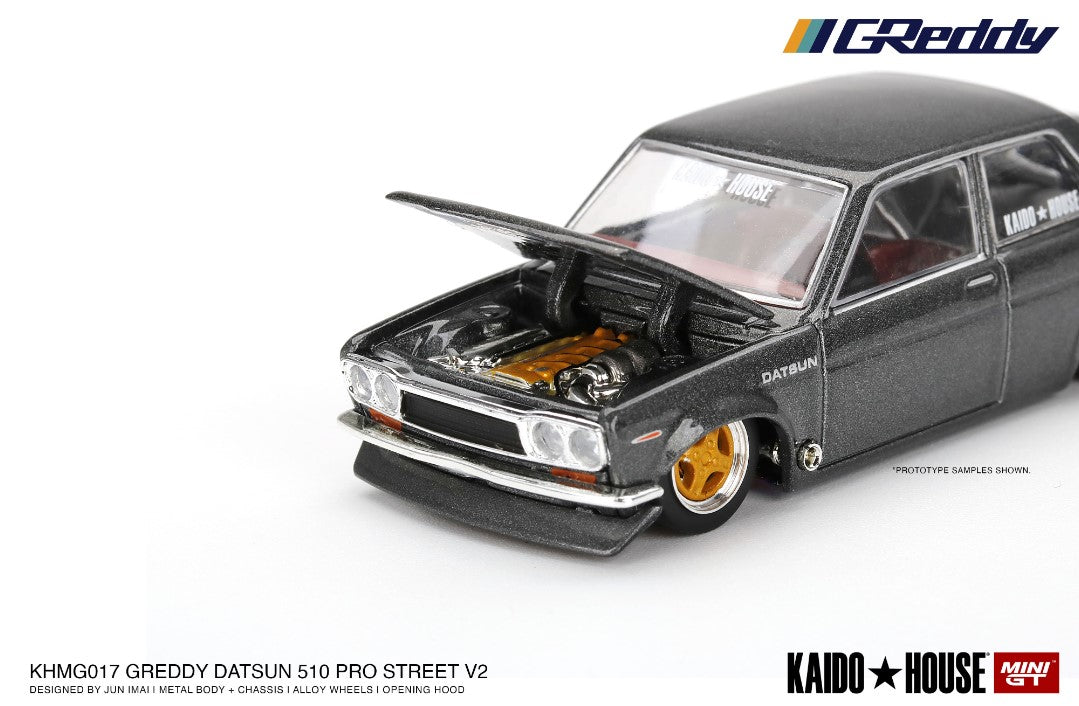 KHMG017 TSM MINI-GT 1:64 Nissan Datsun 510 Pro Street GREDDY Gun Metal Grey KAIDO HOUSE LHD