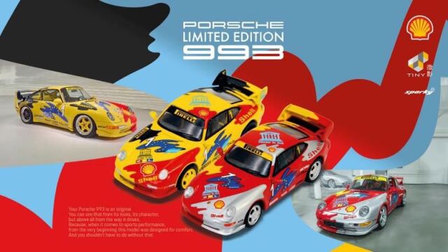 [ Back-order ] Tiny YCOMBO64006 1:64 sparky Porsche 993 Shell Carrera Cup 1993 set of 2 with rear spoiler model car