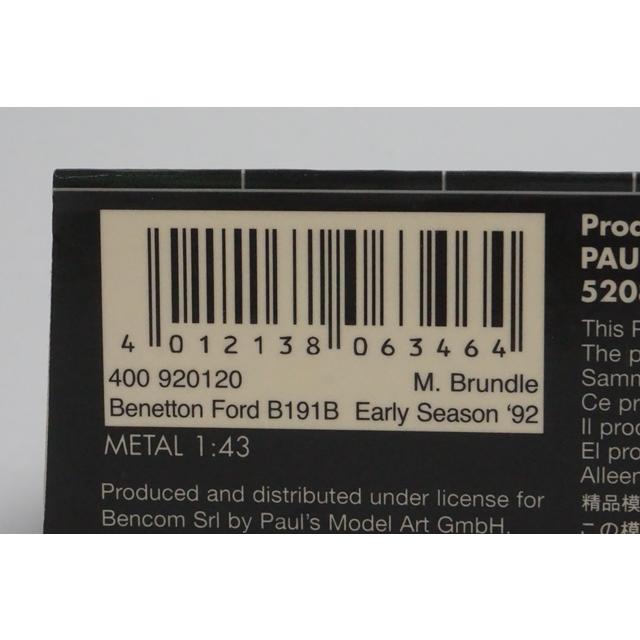 1:43 MINICHAMPS 400920120 Benetton Ford B191B First Half 1992 #20 M. Brundle model car