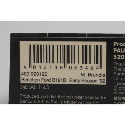 1:43 MINICHAMPS 400920120 Benetton Ford B191B First Half 1992 #20 M. Brundle model car