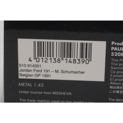 1:43 MINICHAMPS 510914301 Jordan Ford 191 Belgian GP 1991 #32 M. Schumacher model car