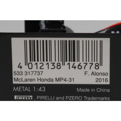 1:43 MINICHAMPS 533317737 MIKILEE McLaren Honda MP4-31 2016 #14 F. Alonso model car