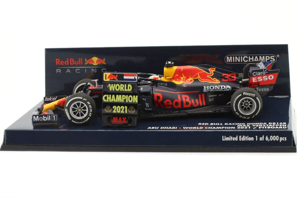 410212333 MINICHAMPS 1:43 Honda Red Bull Racing RB16B M. Verstappen Abu Dhabi GP 2021 Winner World Champion with Pit Board