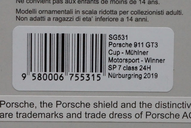 1:43 SPARK SG531 Porsche 911 GT3 Cup Muhlner Motorsport Winner SP 7 class 24h Nurburgring 2019 #62