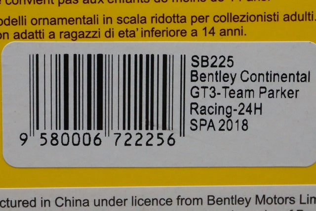 1:43 SPARK SB225 Bentley Continental GT3 Team Parker Racing #31 24h SPA 2018 model car