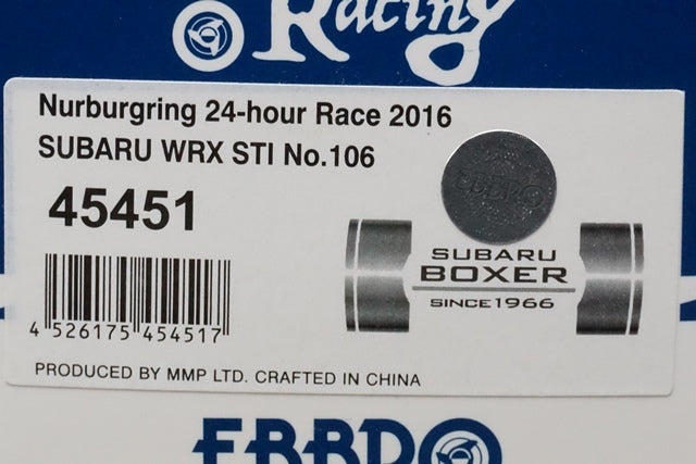 1:43 EBBRO 45451 SUBARU WRX STI Nurburgring 24h Race 2016 #106 model car