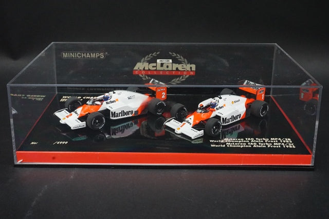 1:43 MINICHAMPS 402858601 World Champion Set 1 McLaren TAG Turbo MP4/2B 1985 #2 / MP4/2C 1986 #1