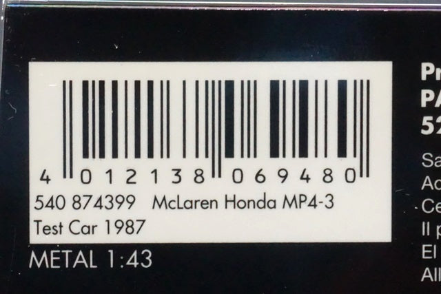 1:43 MINICHAMPS 540874399 McLaren Honda MP4-3 A.Senna Test Car 1987 ASC No.26