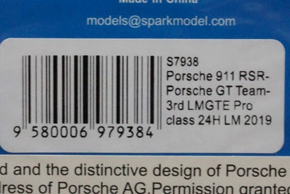 1:43 SPARK S7938 Porsche 911 RSR-Porsche-GT Team 3rd LMGTE Pro class LM 24h 2019