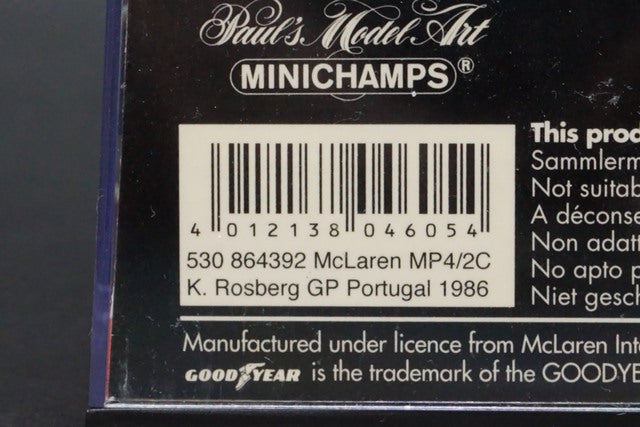 1:43 MINICHAMPS 530864392 McLaren TAG Turbo MP4/2C K.Rosberg Portuguese GP 1986 #2 McLaren Collection No.49 Marlboro