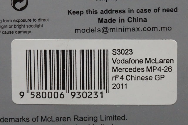 1:43 SPARK S3023 Vodafone McLaren Mercedes MP4-26 Chinese GP 2011#4 J.Button