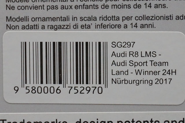 1:43 SPARK SG297 Audi R8 LMS Audi Sport Team Land Nurburgring 24h winner 2017 #29