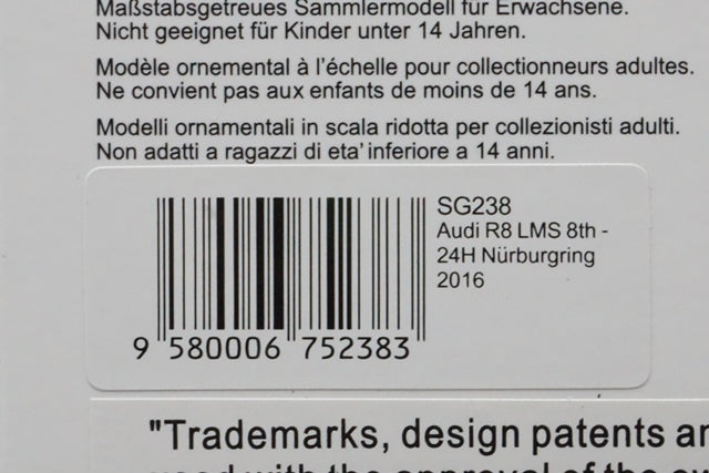 1:43 SPARK SG238 Audi R8 LMS Nurburgring 24h 2016 #2 model car
