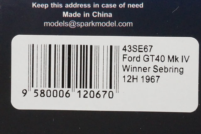 1:43 SPARK 43SE67 Ford GT40 Mk IV Sebring 12h Winner 1967 #1 model car