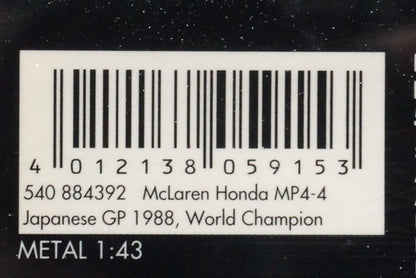 1:43 MINICHAMPS 540884392 McLaren Honda MP4-4 A.Senna Japanese GP World Champion 1988 #12 ASC No.24