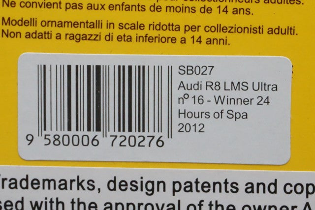 1:43 SPARK SB027 Audi R8 LMS Ultra SPA 24h Winner 2012 #16