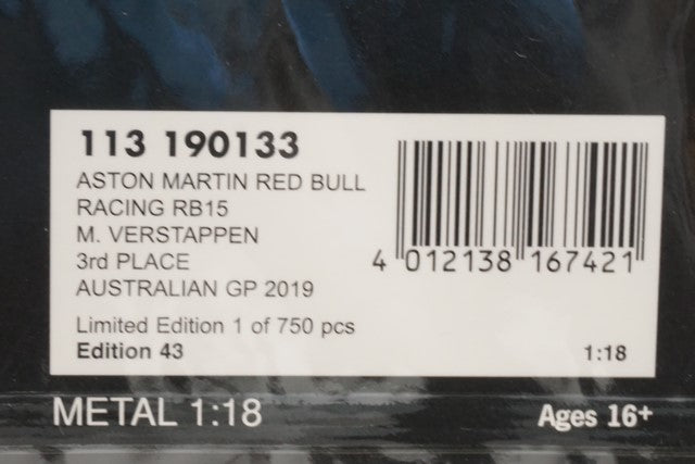 1:18 MINICHAMPS 113190133 Aston Martin Red Bull Racing RB15 Australia GP 2019 M.Verstappen