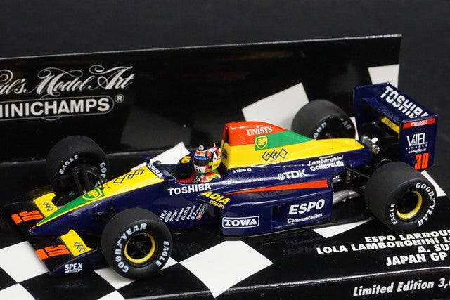 1:43 MINICHAMPS 400900030 Espo Larousse Lola Lamborghini LC90 Japanese GP 1990 #30 Aguri Suzuki