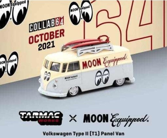 T64S-005-ME1 TARMAC WORKS 1:64 VW Volks Wagen T1 Panel Van Mooneyes Roof Rack Surfboard