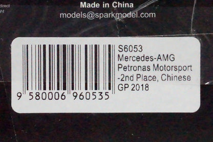 1:43 SPARK S6053 Mercedes AMG Petronas W09 EQ China GP 2018 #77 V.Bottas