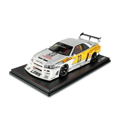 IG2704 ignition Model 1:18 LB-ER34 Super Silhouette Skyline White / Yellow With Mr.Kato LBWK Limited Background