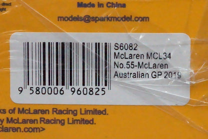 1:43 SPARK S6082 McLaren MCL34 Australian GP C.Sainz 2019 #55