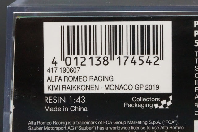 1:43 MINICHAMPS 417190607 Alfa Romeo Racing Monaco GP 2019 #7 K.Raikkonen model car