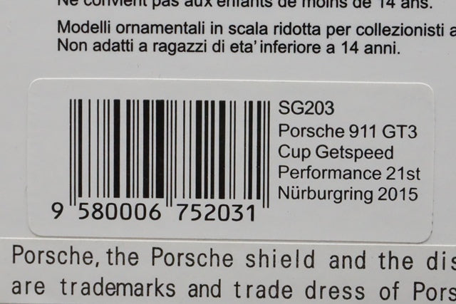 1:43 SPARK SG203 Porsche 911 GT3 Cup Getspeed Performance Nurburgring 2015 #75 model car