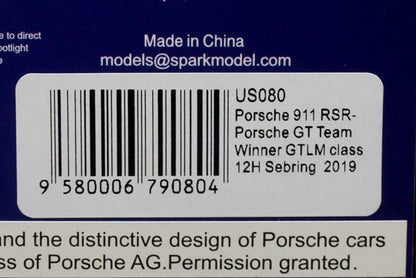 1:43 SPARK US080 Porsche 911 RSR GT Team 2019 GT LM Class Sebring 12h #911