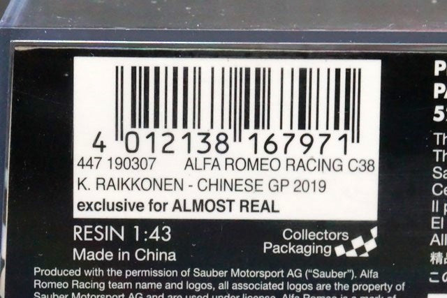 1:43 MINICHAMPS 447190307 Alfa Romeo C38 China GP 2019 #7 K.Raikkonen GRAND PRIX Special Order