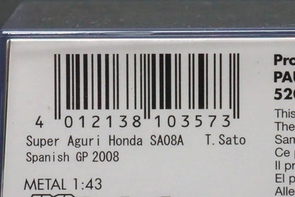 1:43 MINICHAMPS Super Aguri Honda SA08A Spain GP 2008 #18 Takuma Sato