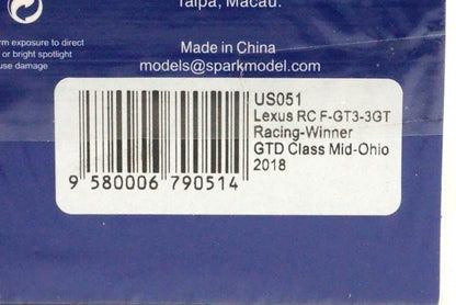 1:43 SPARK US051 Lexus 3GT Racing Winner GTD class Mid-Ohio 2018