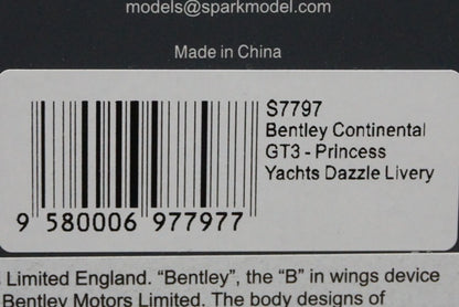 1:43 SPARK S7797 Bentley Continental GT3 Princess Yatchs Dazzle Livery model car