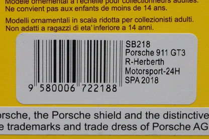 1:43 SPARK SB218 Porsche 911 GT3 R-Herberth Motorsport 24h SPA 2018 #991 model car