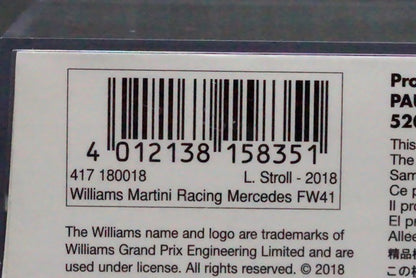 1:43 MINICHAMPS 417180018 Williams MARTINI Racing Mercedes FW41 2018 #18 L.Stroll