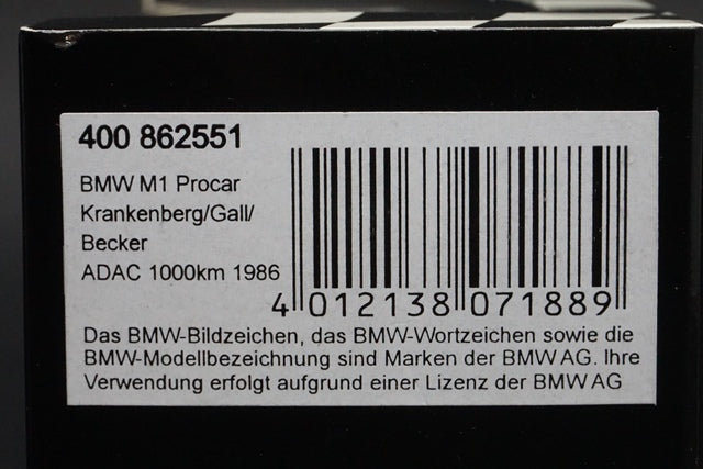 1:43 MINICHAMPS 400862551 BMW M1 Procar ADAC 1000km 1986 #151 Krankenberg/Gall/Becker model car