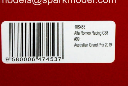 1:18 SPARK 18S453 Alfa Romeo Racing C38 Australian GP 2019 #99 A.Giovinazzi