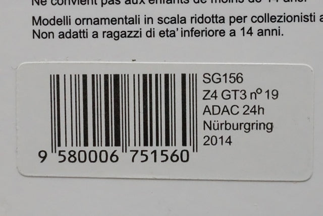 1:43 SPARK SG156 BMW Z4 GT3 ADAC Nurburgring 24h 2014 #19 model car