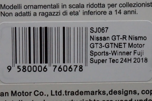 1:43 SPARK SJ067 Nissan GT-R NISMO GT3-GTNET Motor Sports-Winner Super Tec 24h #99 2018