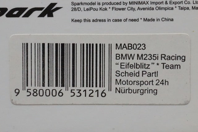 1:43 SPARK MAB023 BMW M235i Racing Eifelblitz Team Scheid Partl Motorsport 2014 #301 model car