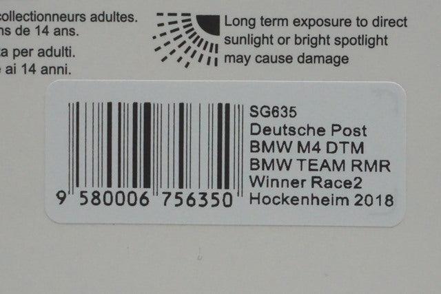 1:43 SPARK SG635 Deutsche Post BMW M4 DTM BMW TEAM RMR Hockenheim Race 2 Winner T.Glock 2018 #16