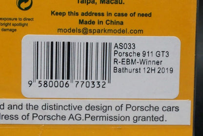 1:43 SPARK AS033 Porsche 911 GT3 R EBM Bathurst 12h 2019 Winner #912