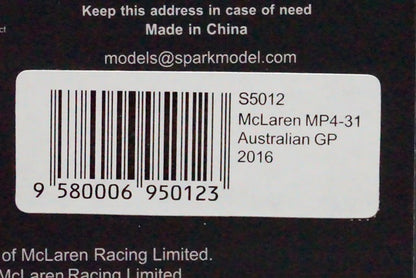 1:43 SPARK S5012 SPARK McLaren MP4-31 Australian GP 2016 J.Button #22