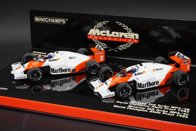 1:43 MINICHAMPS 402858601 World Champion Set 1 McLaren TAG Turbo MP4/2B 1985 #2 / MP4/2C 1986 #1